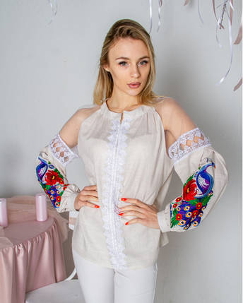 Вишиванка жіноча Павліна бежева, фото 2