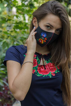 Жіноча вишита футболка синя з рожевим, фото 2