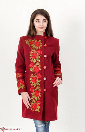 Пальто жіноче з вишивкою Трояндове мереживо вишневе, фото 2