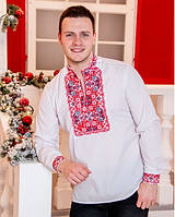 Красивая мужская вышиванка рубашка белая с красно-черным