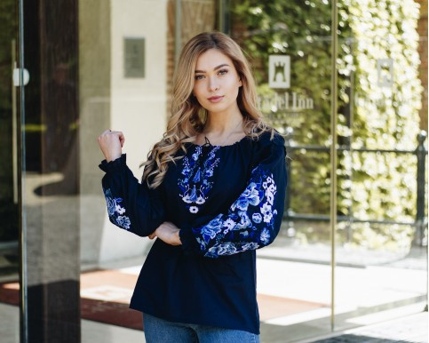 Вишиванку великого розміру, Батальна блуза довгий рукав, Блузка темно-синя Жіночий одяг льон