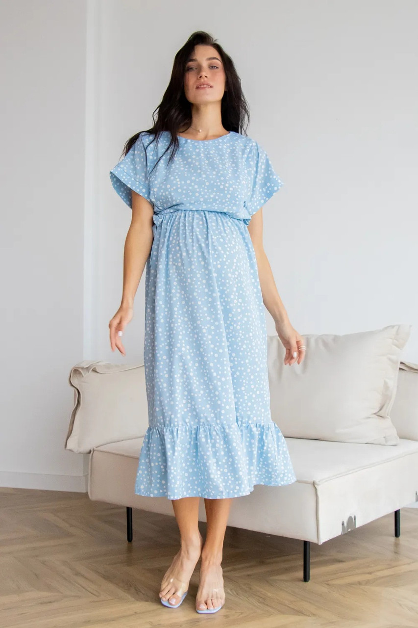 Вільна сукня для вагітних та годуючих мам блакитна легка в горошок з секретом для годування, 5337760-Г
