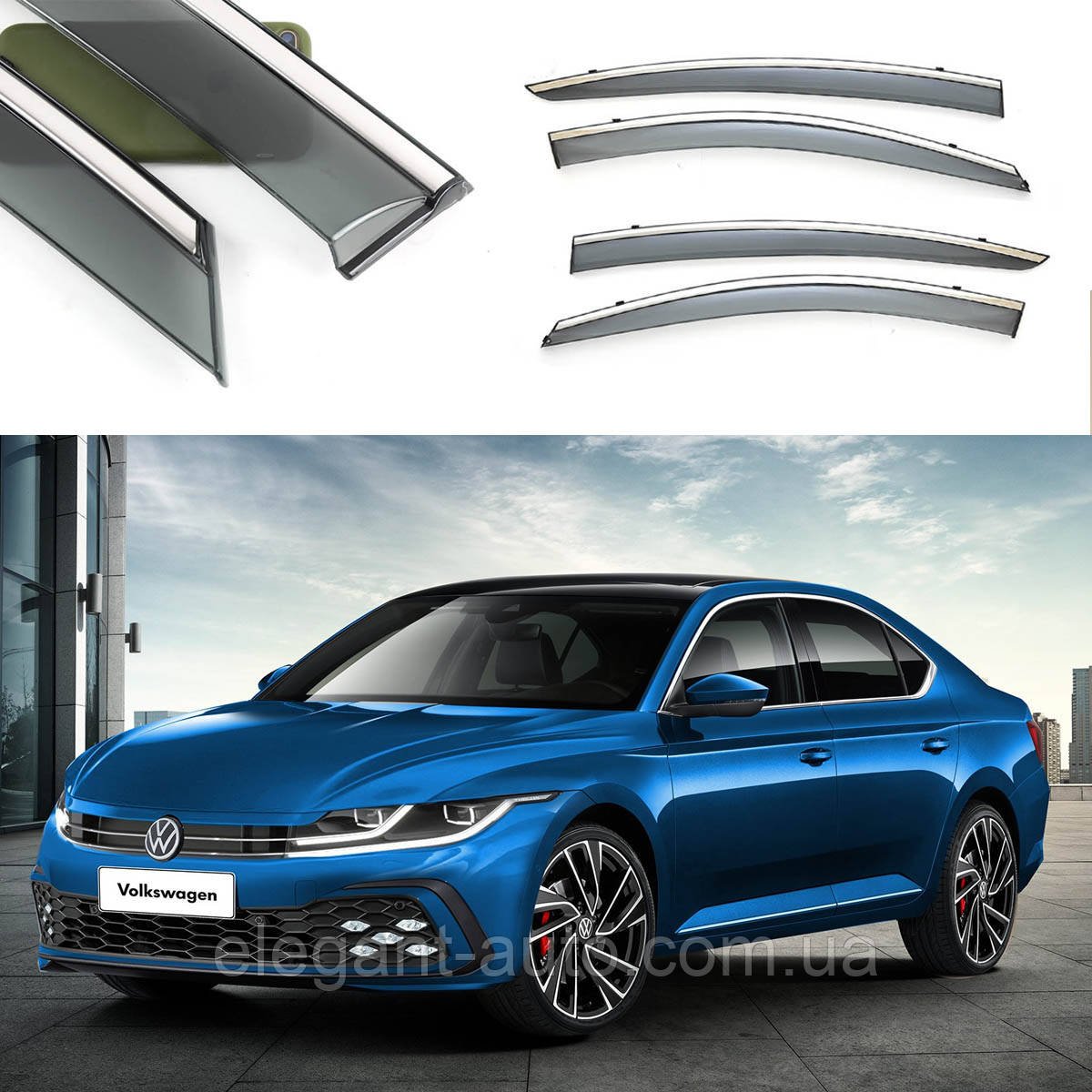 Дефлектори вікон VW PASSAT B9 SED 2019-П/K скотч "FLY"(з НЕРЖ-сферична смуга)