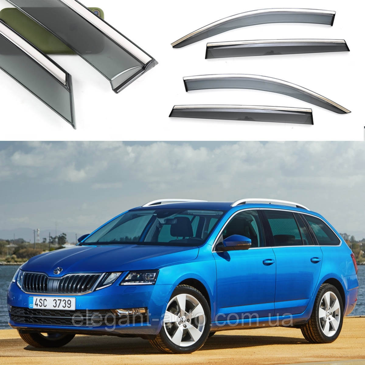 Дефлектори вікон Skoda Octavia COMBI (3) А7 2013- скотч"FLY"(Нерж.сталь 3D)BSKOC1823-W/S219-221