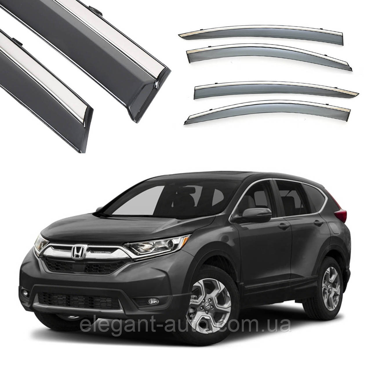Дефлектори вікон Honda CRV 17- П/К скотч "FLY" (з хром-смугою)