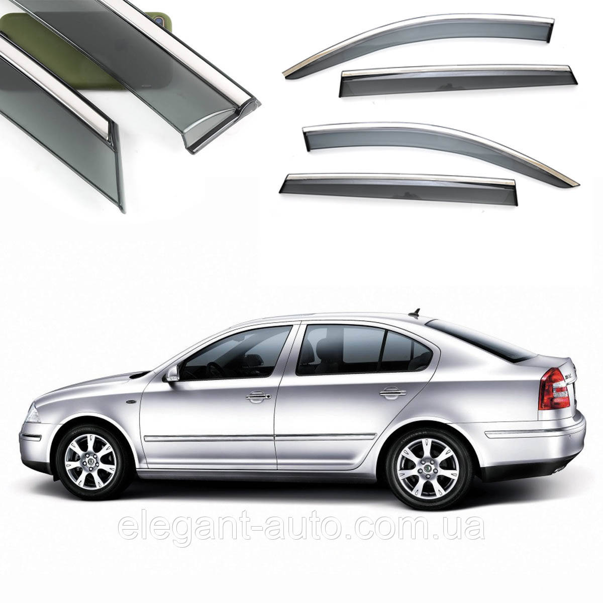 Вітровики Skoda Octavia II (A-5) SED 2004-2013р. П/К скотч "FLY" (з НЕРЖ-смугою)BSKOC0723-W/S