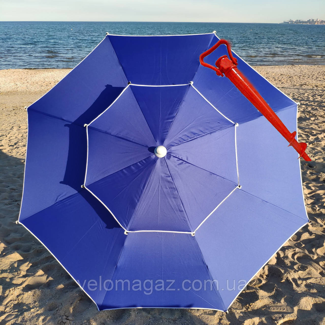 Пляжна міцна парасолька 2.3 м, повітряний клапан, чохол, трубка 32 мм, 8 спиць + БУР у подарунок!  Синій
