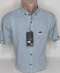 Теніска чоловіча льон стильна Fly Boys vkl-0052 блакитна приталена, чоловіча сорочка з коротким рукавом XL