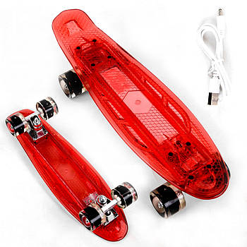 Скейт Пенні борд (прозора дека зі світлом, колеса PU зі світлом, USB-зарядка) Best Board S-30966 Червоний