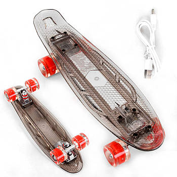 Скейт Пенні борд (прозора дека зі світлом, колеса PU зі світлом, USB-зарядка) Best Board S-40133 Сірий