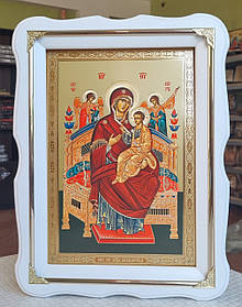 Ікона П.Б.Всецариця в білому дерев'яному фігурному кіоті під склом з декорат.куточками, кіот 37×27сюжет 20×30.