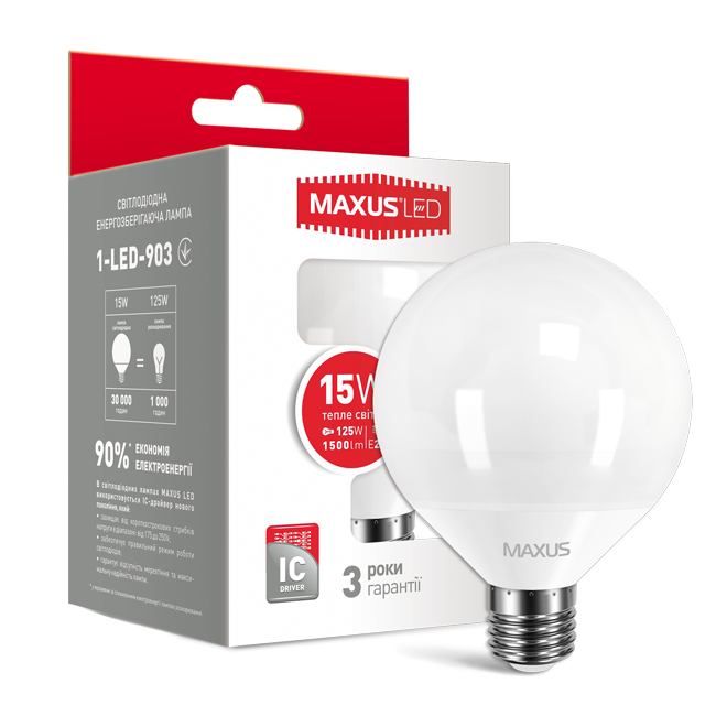 LED лампа MAXUS G95 15W тепле світло 220V E27 (1-LED-903), фото 1