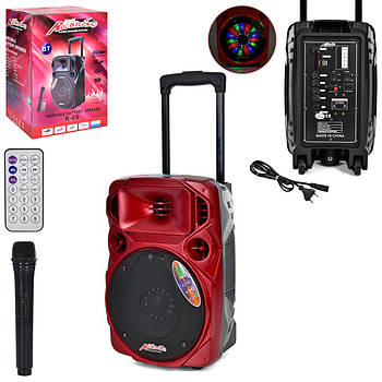 Портативна велика колонка (8дюйм, пульт, світло, USBвхід, TFслот, Bluetooth, FM, мікрофон) K-08 Червоний