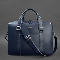 Кожаная мужская сумка для ноутбука и документов большая горизонтальная через плечо с ручками синяя