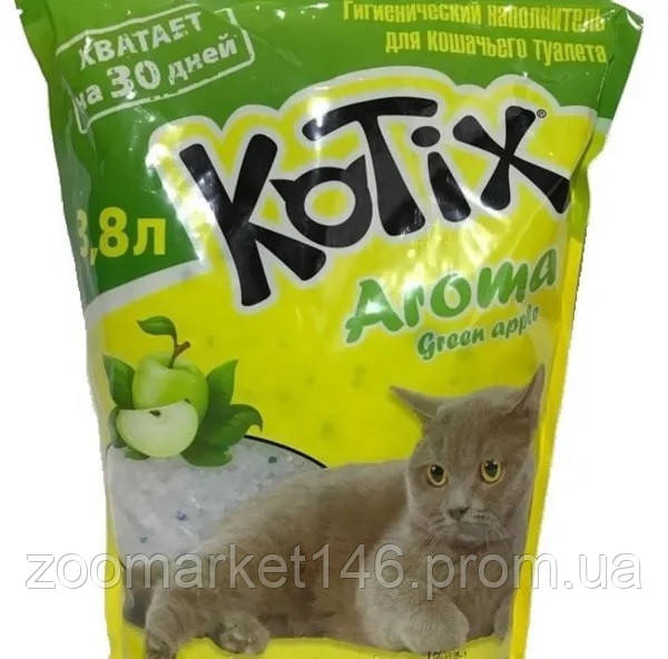 Kotix (Котікс), силікагелевий наповнювач для котячого туалету, з ароматом яблука, 3,8 л