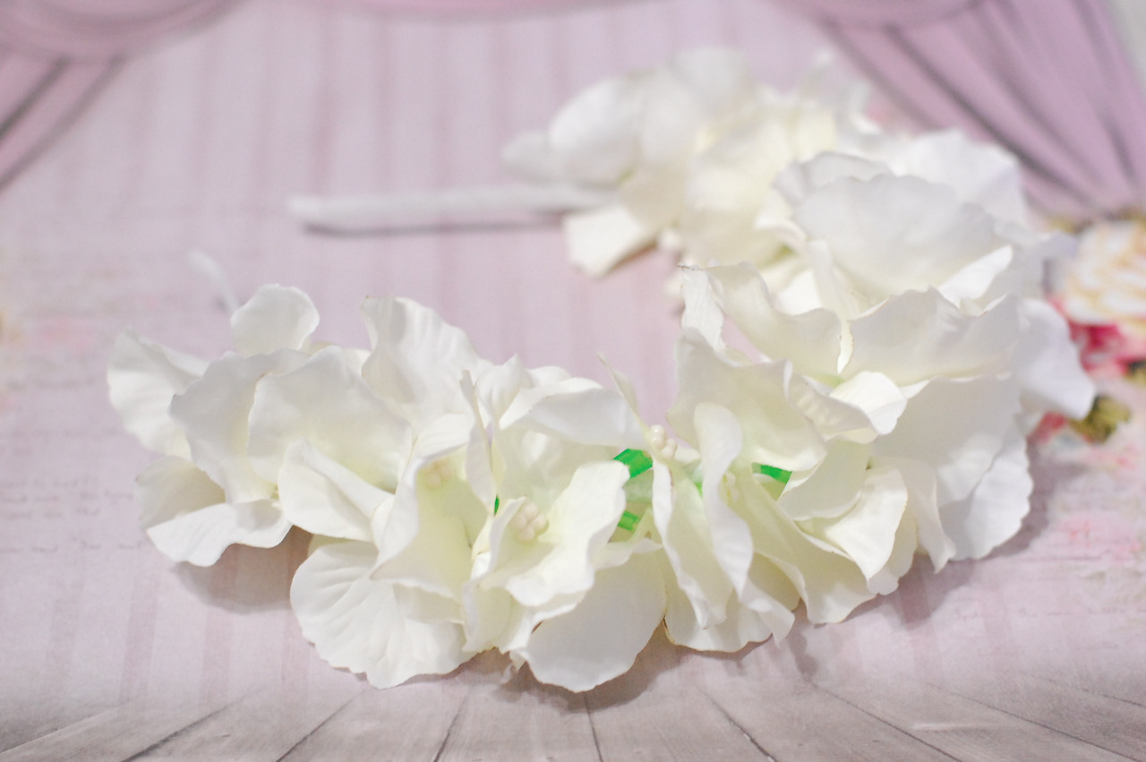 Обруч для волосся / ободок для волосся з квітами гортензія пишний з білими квітами 49, фото 1