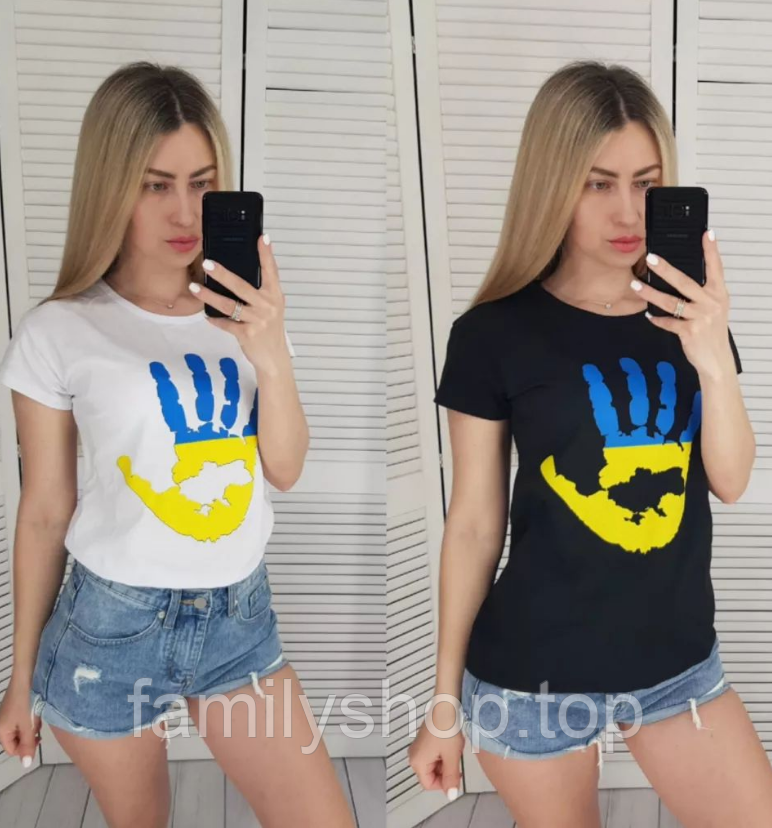 Жіноча патріотична футболка з принтом Україна, чорна, біла, червона, м'ятна, жовта, пудрова