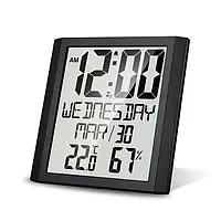 Цифровий настінний годинник із термометром, гігрометром, календарем. Великий електронний годинник 20x20 см. - Чорний