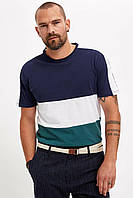 Синя чоловіча футболка Defacto/Дефакто з білою і зеленою смугою