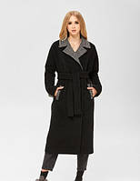 Стильное демисезонное комбинированное пальто из альпаки и пальтовой ткани в клетку черное 44р