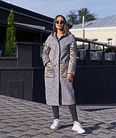 Женское демисезонное пальто комбинированное стеганое серое