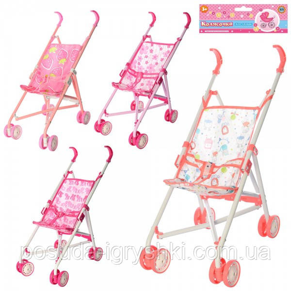 Коляска M 0349 U/R для ляльки, металева рама, прогулянкова, поворотні колеса, складна конструкція, 4 колеса, висота до ручки 50см, фото 1