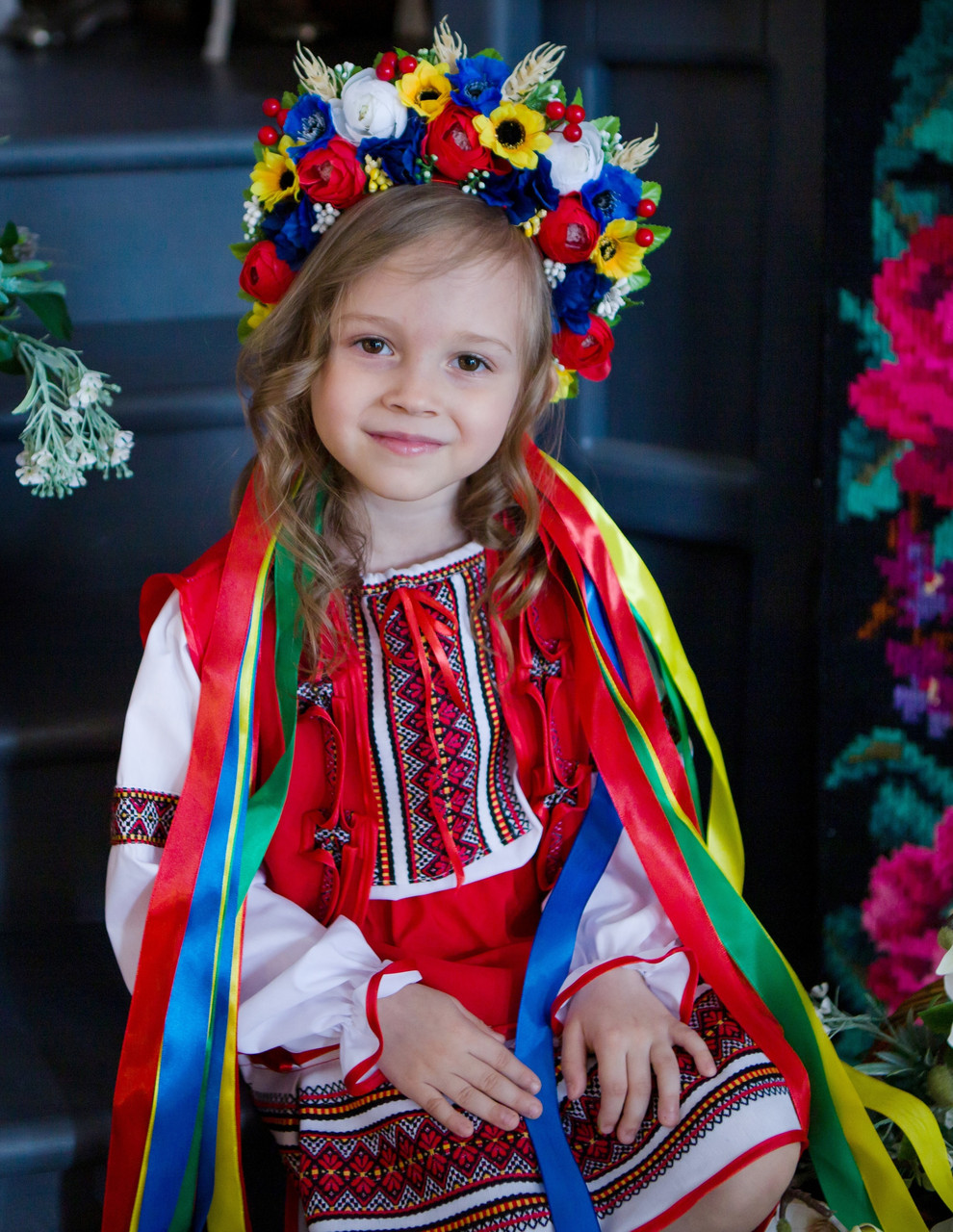 Ексклюзивний етно-віночок Гуцульський із стрічками кольоровий, фото 1