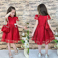 Святкова літня дитяча сукня для дівчинки з мереживом "павутинка" + сумочка, в червоному кольорі