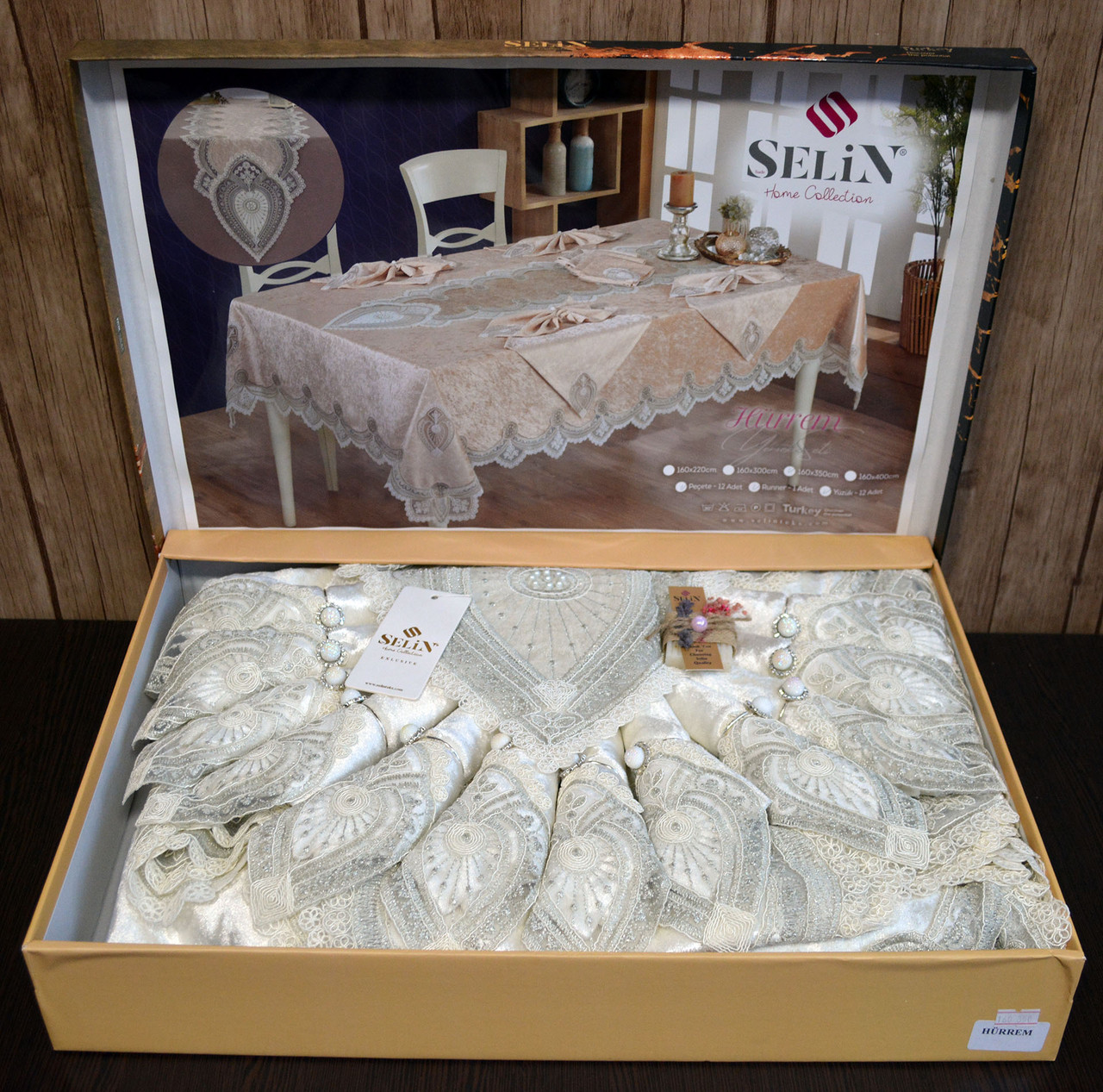 Велюрова скатертина з ранером Selin Hurrem Set 160×350 + 12 серветок, фото 1