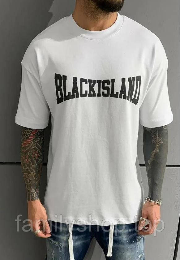 Футболка чоловіча з принтом "BLACKISLAND" бавовняна вільна повсякденна, розмір M, L, XL, XXL, біла, чорна