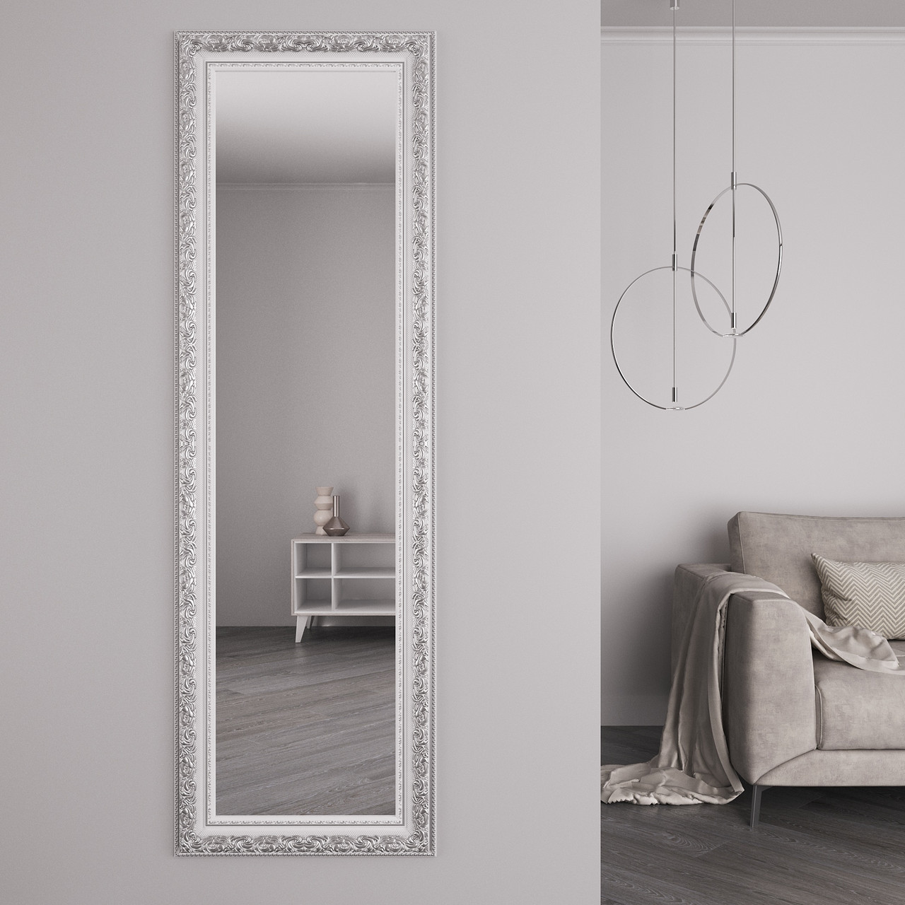 Дзеркало на стіну | в широкій рамі | біле з патиною срібла | 176х56 Black Mirror на повний зріст, фото 1