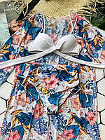 Женский красивый купальник и туника с рисунком. Стильный пляжный комплект в цветочный принт.