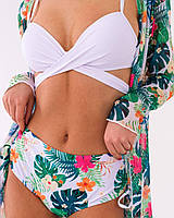 Женский стильный купальник и туника с рисунком. Пляжный комплект в цветочный принт.