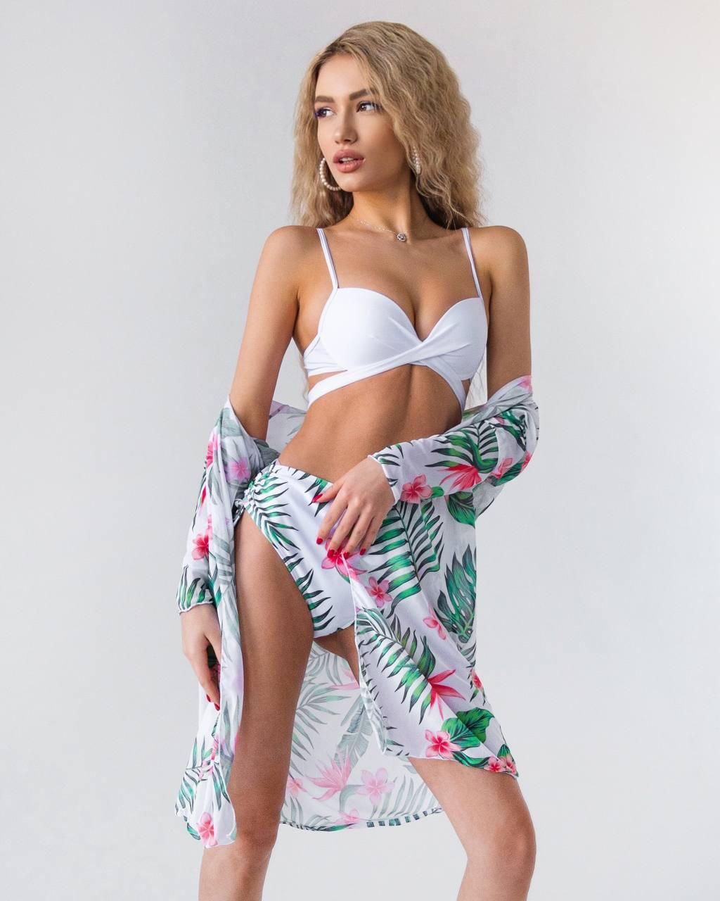 Класний жіночий комплект на пляж. Жіночий купальник і туніка з рослинними візерунками., фото 1