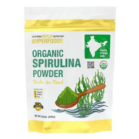 Органічна спіруліна, супер фуд, California Gold Nutrition Organic Spirulina Powder 240 грамм