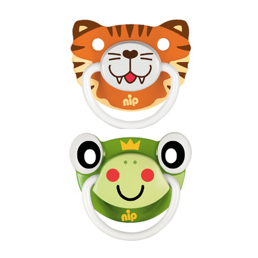 Силіконова пустушка "Смішні тварини №2" (5-18 міс) зелена та помаранчева NIP 2 шт. (4000821315006)