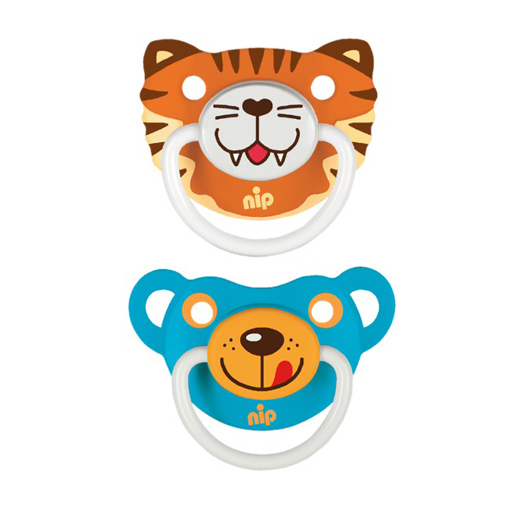 Силіконова пустушка "Смішні тварини №2" (5-18 міс) помаранчева та синя NIP 2 шт. (4000821315006)