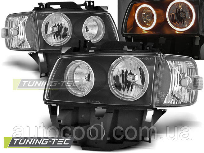 Передні тюнінг фари Volkswagen T-4 1996-2003 г.в. косі фари. ангельські очі чорні