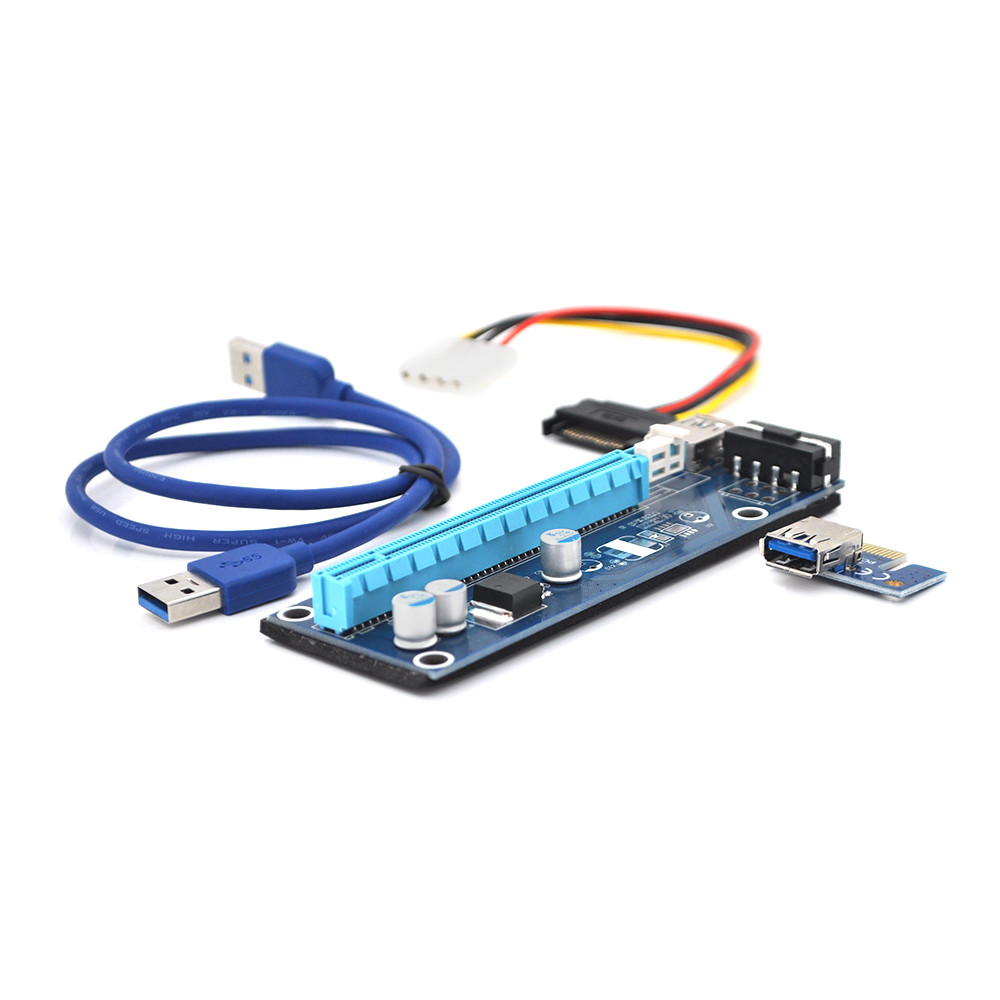 Riser PCI-EX, x1 => x16, 4-pin MOLEX, SATA=>4Pin, USB 3.0 AM-AM 0,6 м (синій), конденсатори F270, Пакет, фото 1