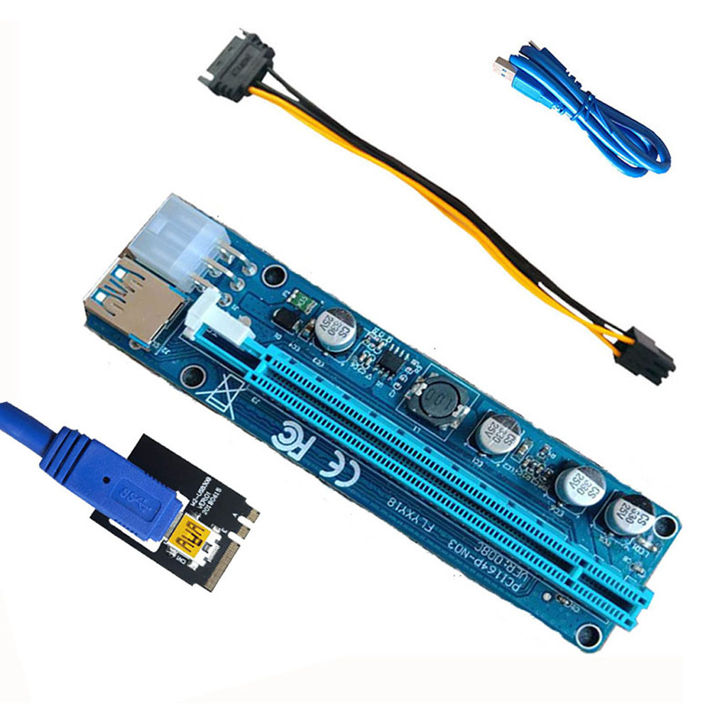 Riser PCI-EX, x1 => x16, 4-pin/6-pin/Sata, USB 3.0 AM-AM 0,6 м (синій), конденсатори 270, Пакет, фото 1