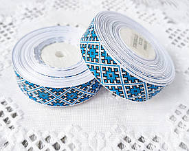 Стрічка репсова орнамент із синіми ромбами, 2,5 см. 1 м/п