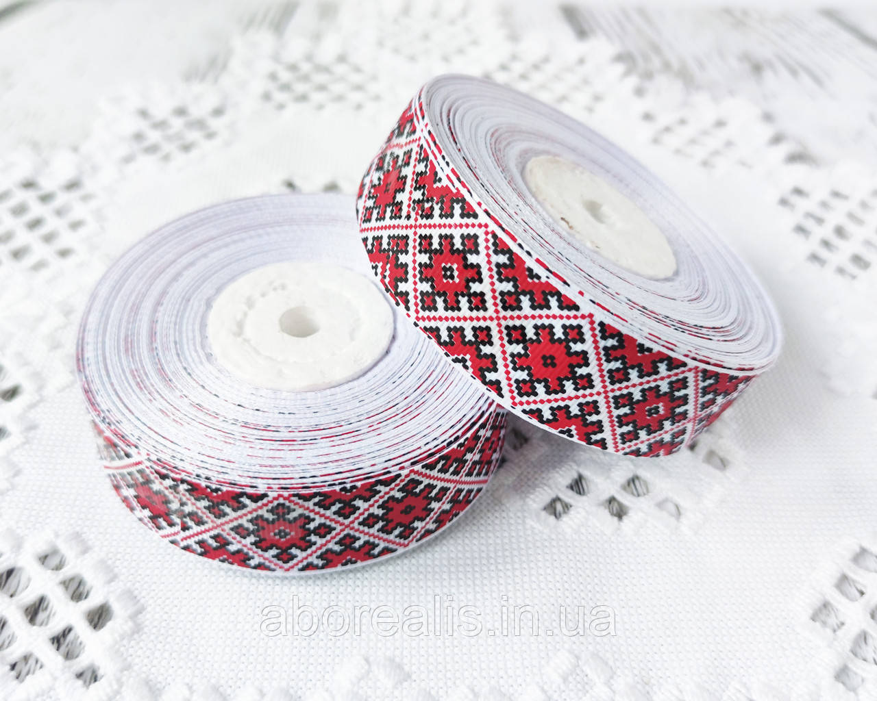 Стрічка репсова орнамент із червоними ромбами, 2,5 см. 1 м/п, фото 1