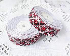 Стрічка репсова орнамент із червоними ромбами, 2,5 см. 1 м/п