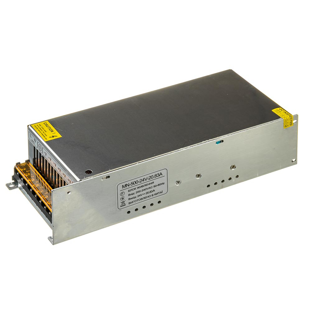 Блок живлення 24V, 500W, 20.83А, IP20, MN, металевий корпус, негерметичний, для внутрішнього застосування.