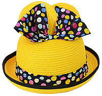 Желтая детская соломенная шляпка котелок для девочки с ушками и бантом