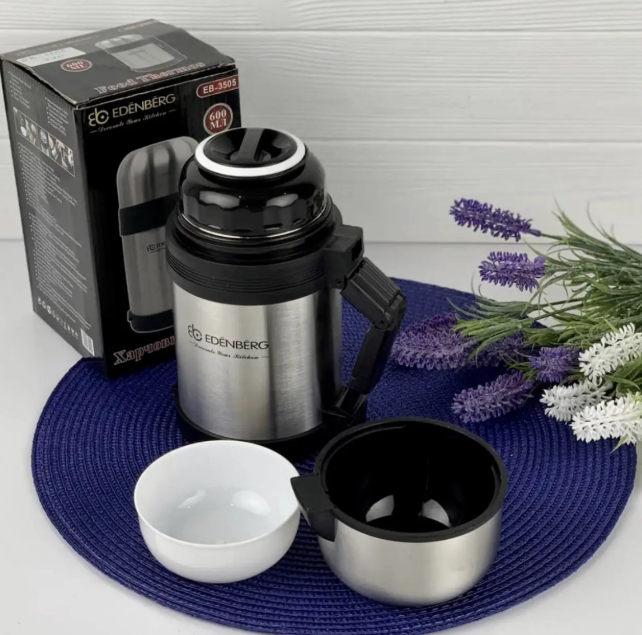 Термос ваккумний харчовий з окремою тарілкою 800 мл Edenberg EB-3506 Термос для їжі з неіржавкої сталі, фото 1