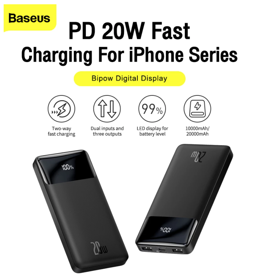 Зарядное устройство аккумулятор Baseus Power Bank 20000mAh быстрая зарядка мощная 20Вт - фото 4 - id-p22190598