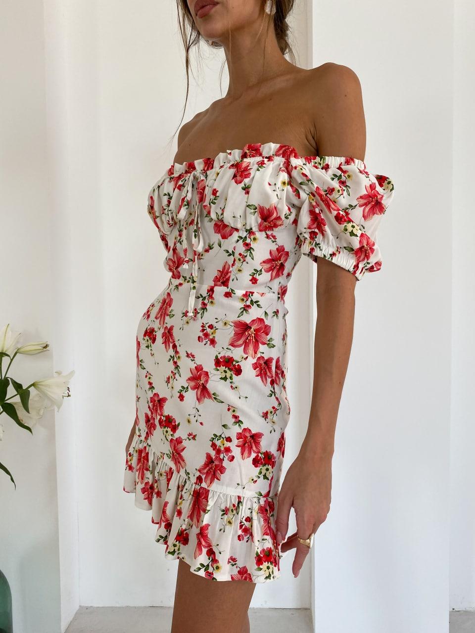 Міні сукня з відкритими плечима літня з акцентом на грудях та воланами на спідниці (р. S, M) 58PL4150, фото 1