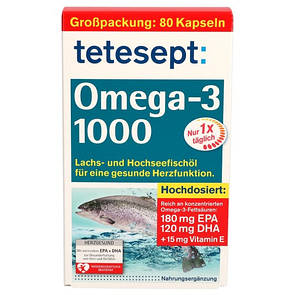 Риб'ячий жир "TETESEPT Omega-3 1000 mg + Vitamin E 15 mg." для очищення судин та зміцнення серця, 80 шт.