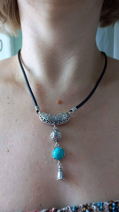 Кольє каучук зі сріблом і бірюзою, фото 1